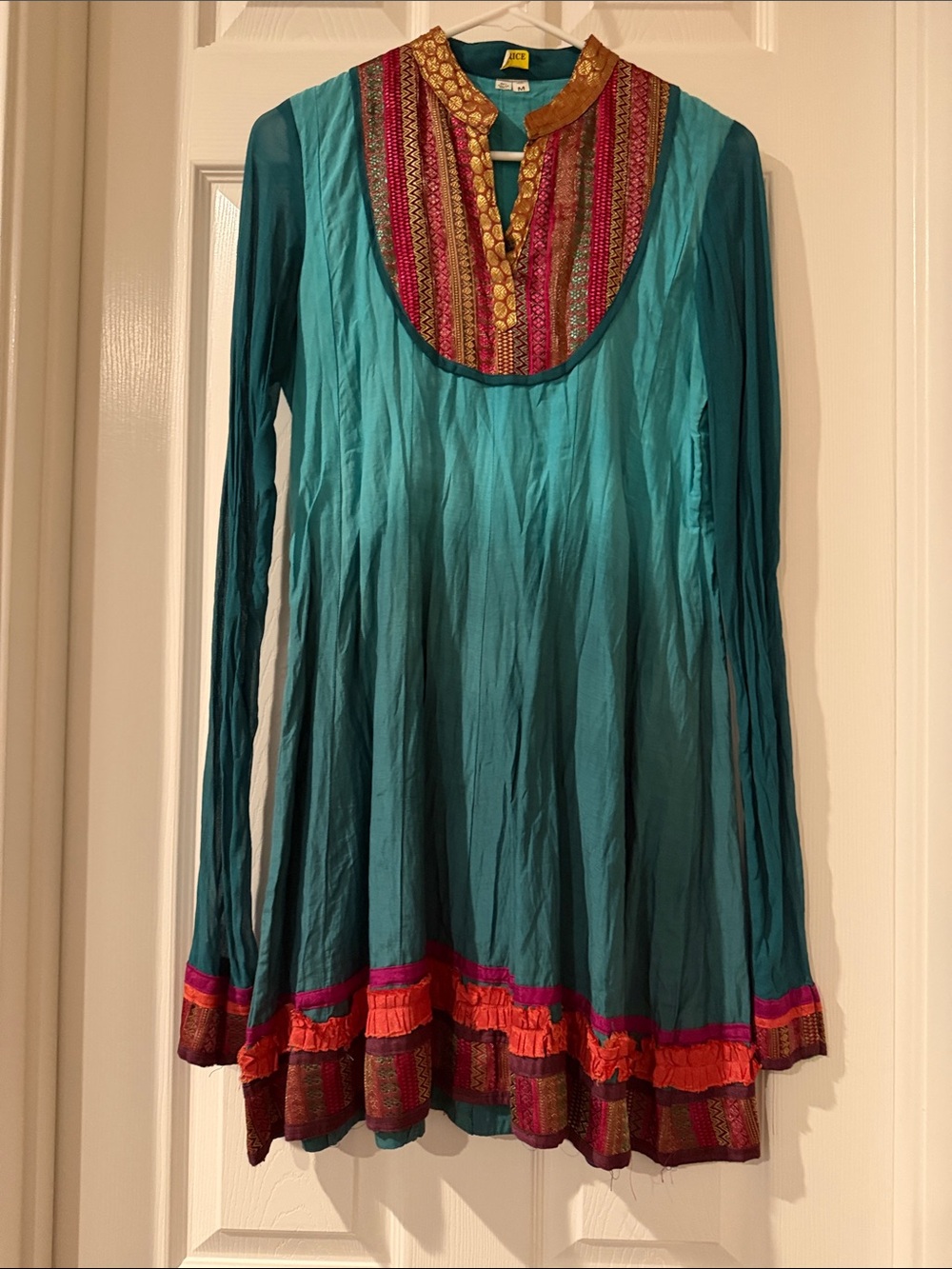 Women’s Teal brocade yoke Tunic Top with Pink & Orange Trim